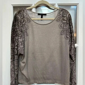 BCBGMAXAZRIA | Lucia Tan Bohemian Sheer Printed Long Sleeves Blouse Size L Large